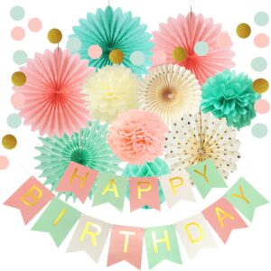 mint peach birthday party decorations mint green cream pink paper fans happy birthday banner circle dot garland baby shower bridal shower women grils mint birthday party decorations