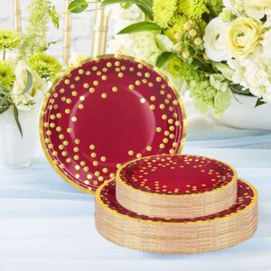 50 Pcs Burgundy and Gold Party Supplies,Gold Dot Party Tableware Set 9"&7"Burgundy Paper Plates Gold Dot Plates,Burgundy and Gold Party Decorations for Birthday Wedding Anniversary Graduation Decor