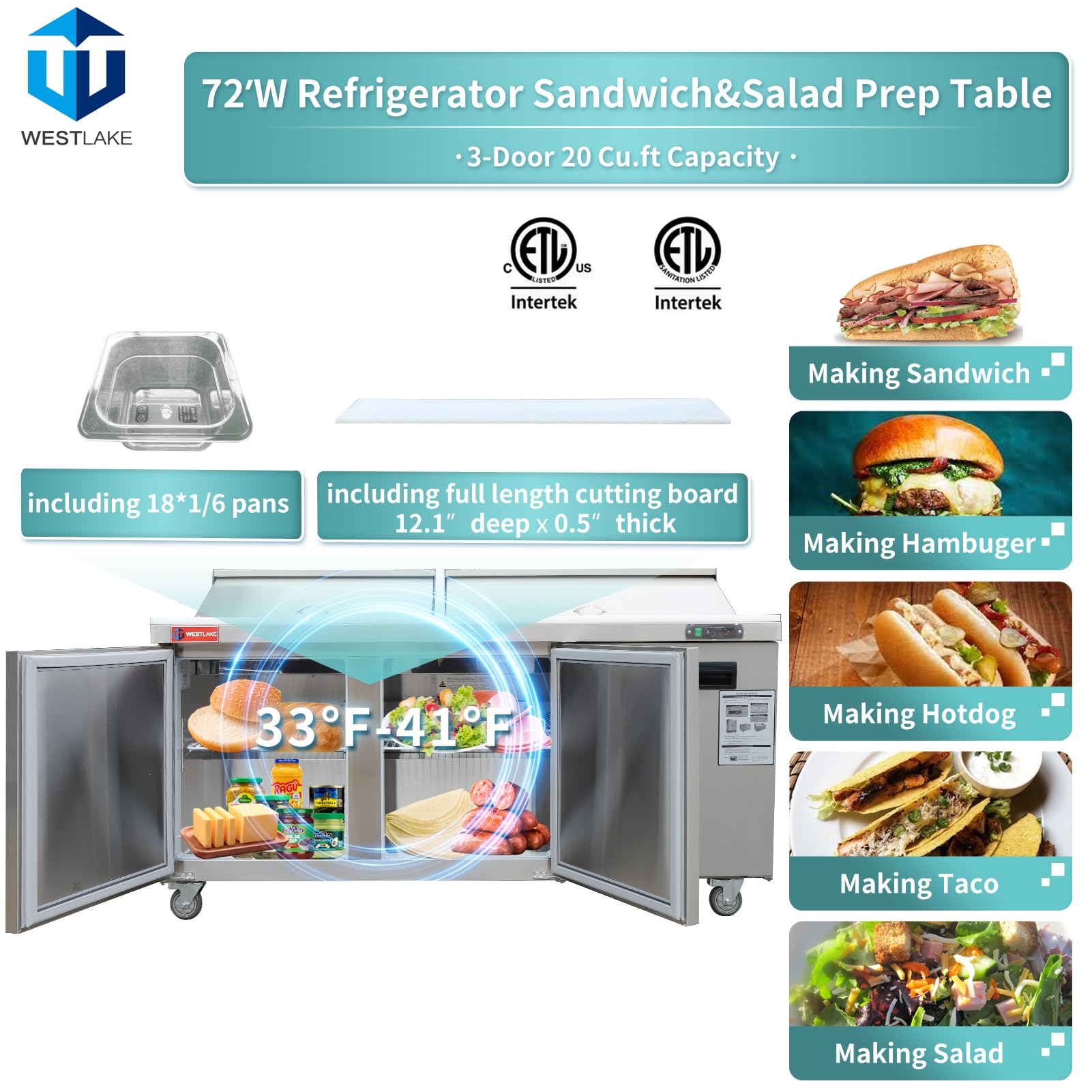 WESTLAKE 72" W 3 Door Refrigerator Sandwich&Salad Prep Table Commercial Stainless Steel Counter Fan Cooling Refrigerator with 18 pans-72 Inches for Restaurant, Bar, Shop, etc