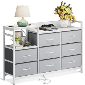 odk dresser with charging station, 52-inch long dresser for bedroom with 8 storage drawers, fabric dressers chests of drawers with sturdy steel frame and wooden top, white and light grey