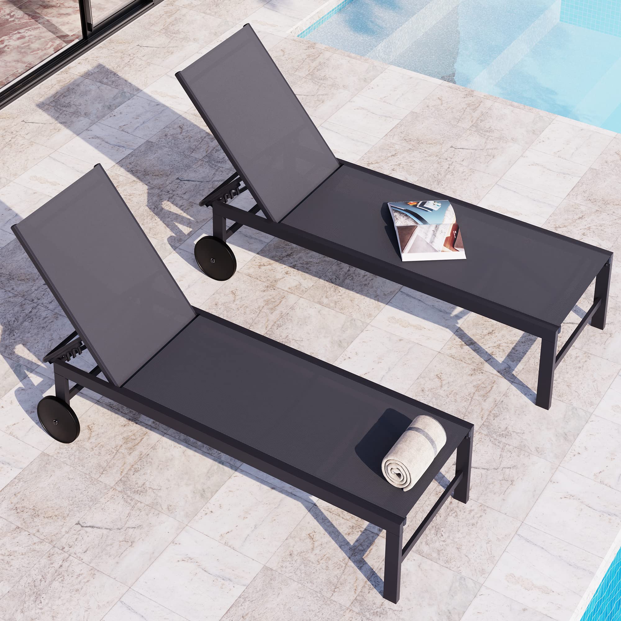 QAQA 2 PCS Outdoor Chaise Lounge with Wheels, Aluminum Patio Lounge Chair with 5 Adjustable Positions for Poolside, Beach, Yard, Dark Grey