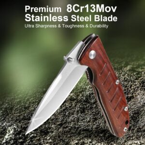 Vickay Pocket Knife for Men, Folding Knives 8Cr13MoV 2.95" Steel Blade, Wood Handle, Line Lock Knife with Clip, EDC Knife Ideal for Outdoor Camping, Fishing, Hunting, Tactical Gift (Brown)