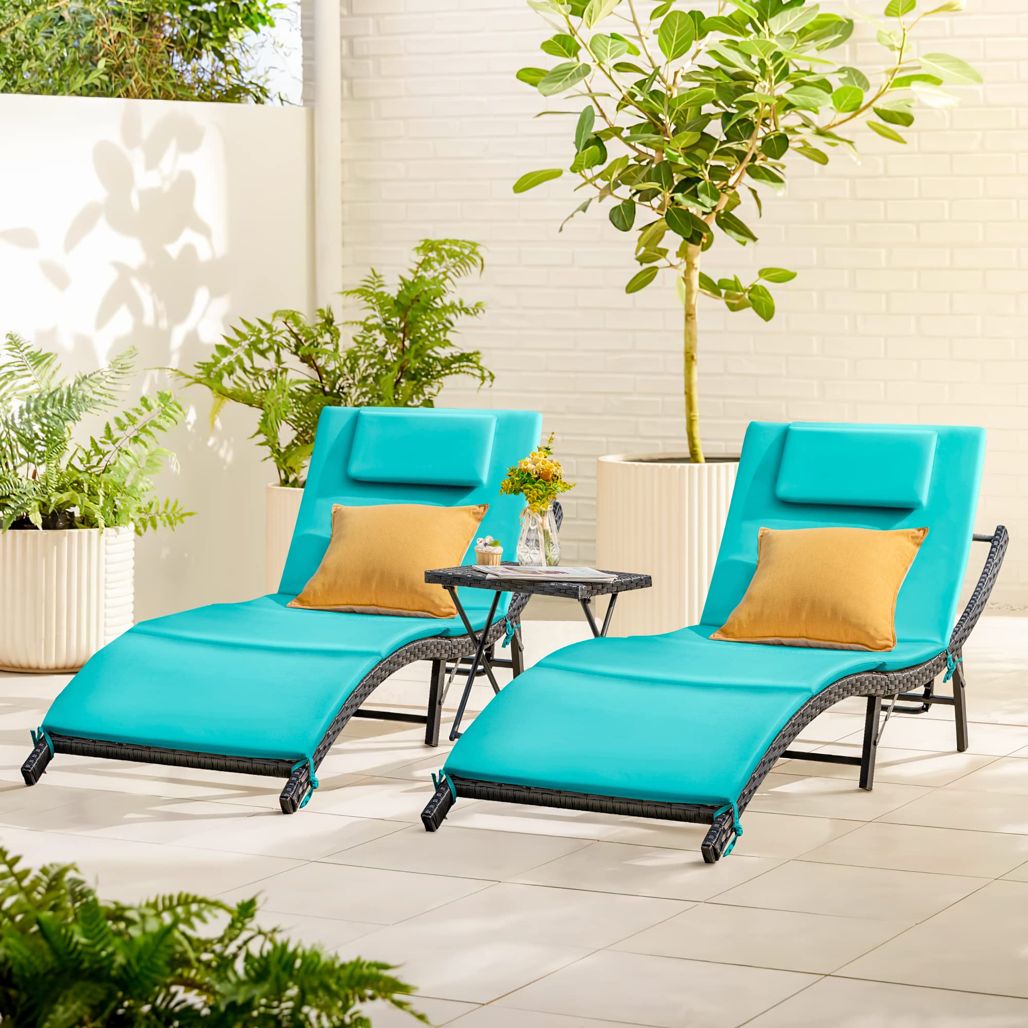 Rankok Outdoor Lounge Chairs Set 3 Pieces Adjustable Chaise Lounge with Folding Table and Cushion for Garden, Poolside, Beach (Blue)