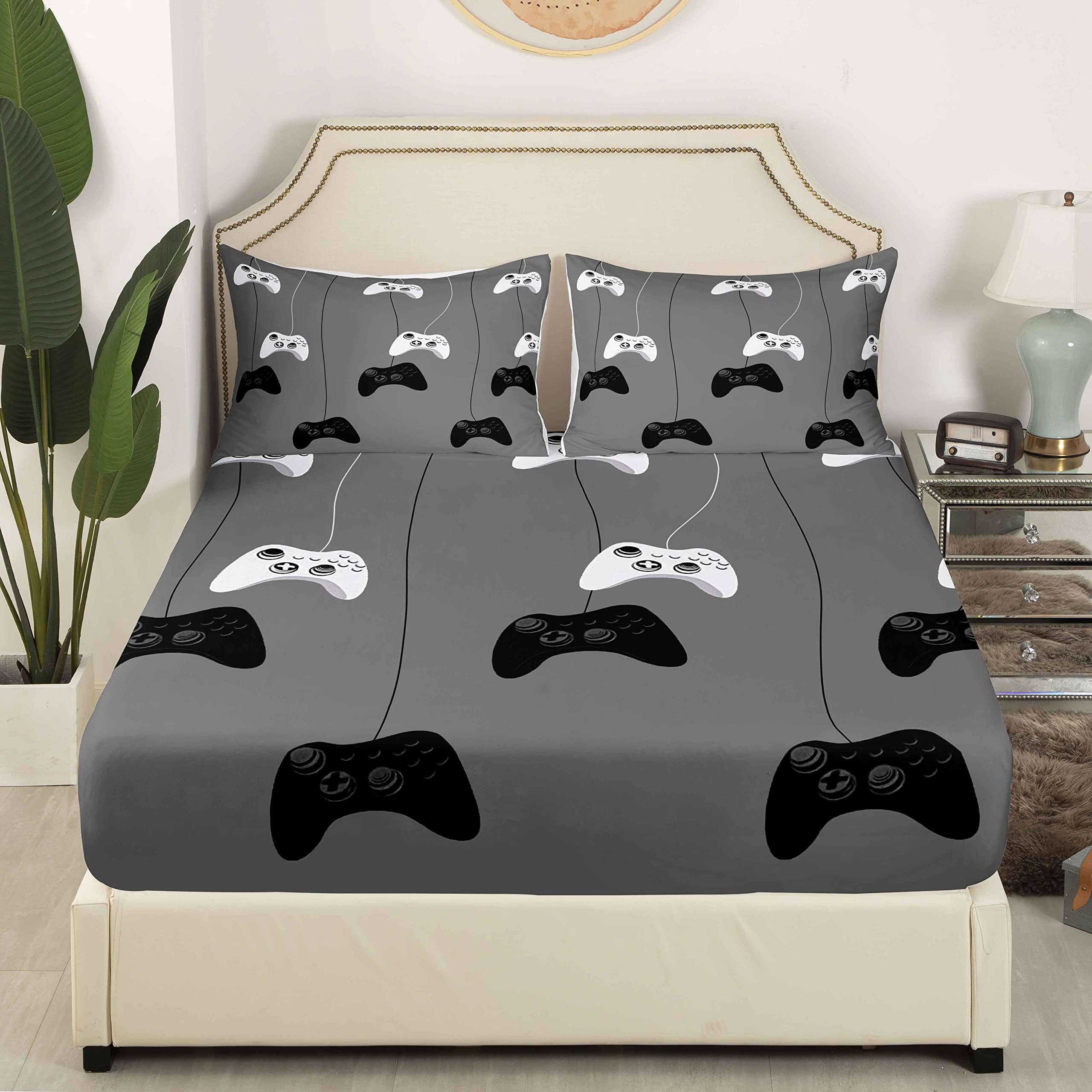 Feelyou Kids Gamer Sheet for Boys and Girls Gaming Fitted Sheet 3Pcs Video Game Controller Bed Sheet with 1 Flat Sheet & 1 Pillowcase Twin