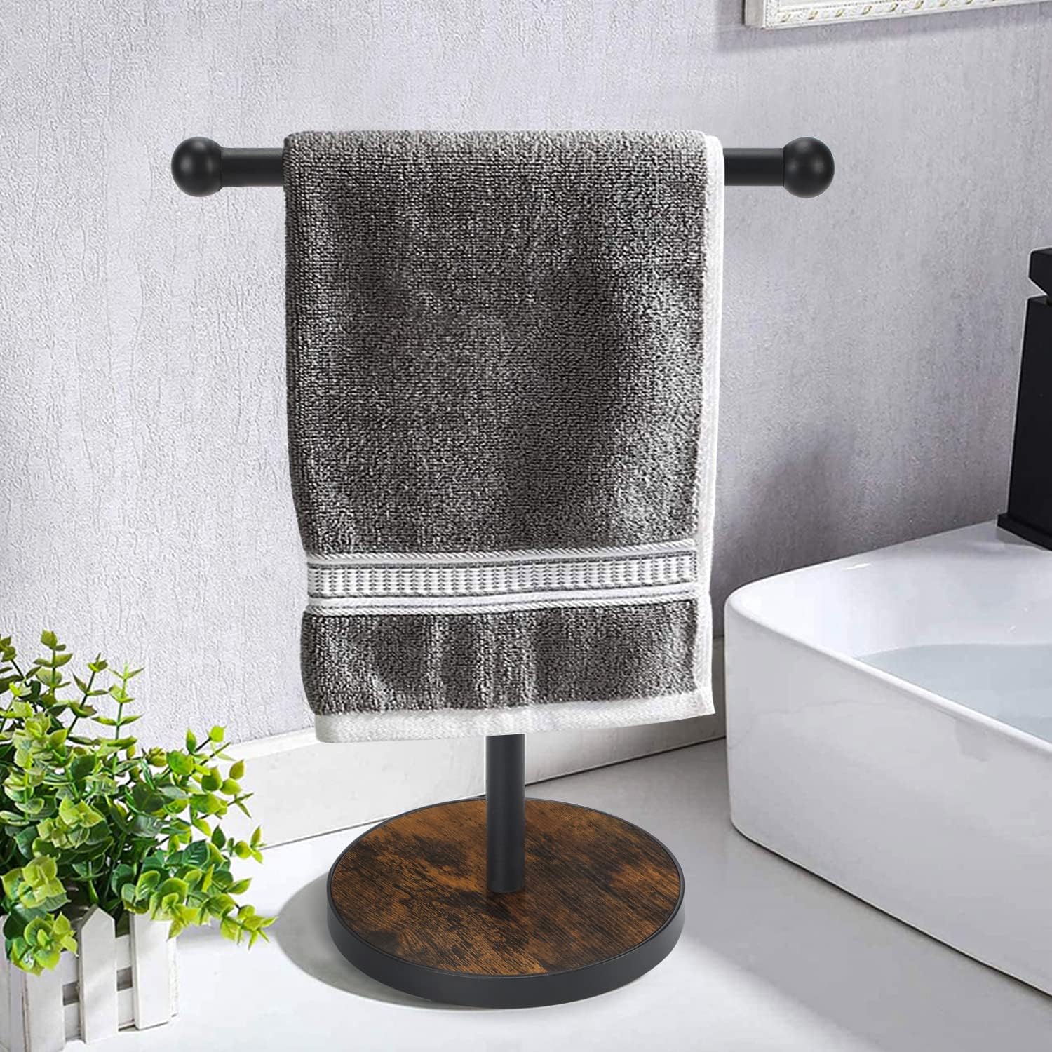 YINMIT Hand Towel Holder Stand, Matte Black T-Shape Free Standing Hand Towel Holder for Bathroom with Heavy Base, Height 15” Wood Countertop Towel Holder for Bathroom Kitchen Countertop Vanity