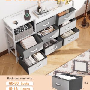 ODK Dresser with Charging Station, 52-Inch Long Dresser for Bedroom with 8 Storage Drawers, Fabric Dressers Chests of Drawers with Sturdy Steel Frame and Wooden Top, White and Light Grey