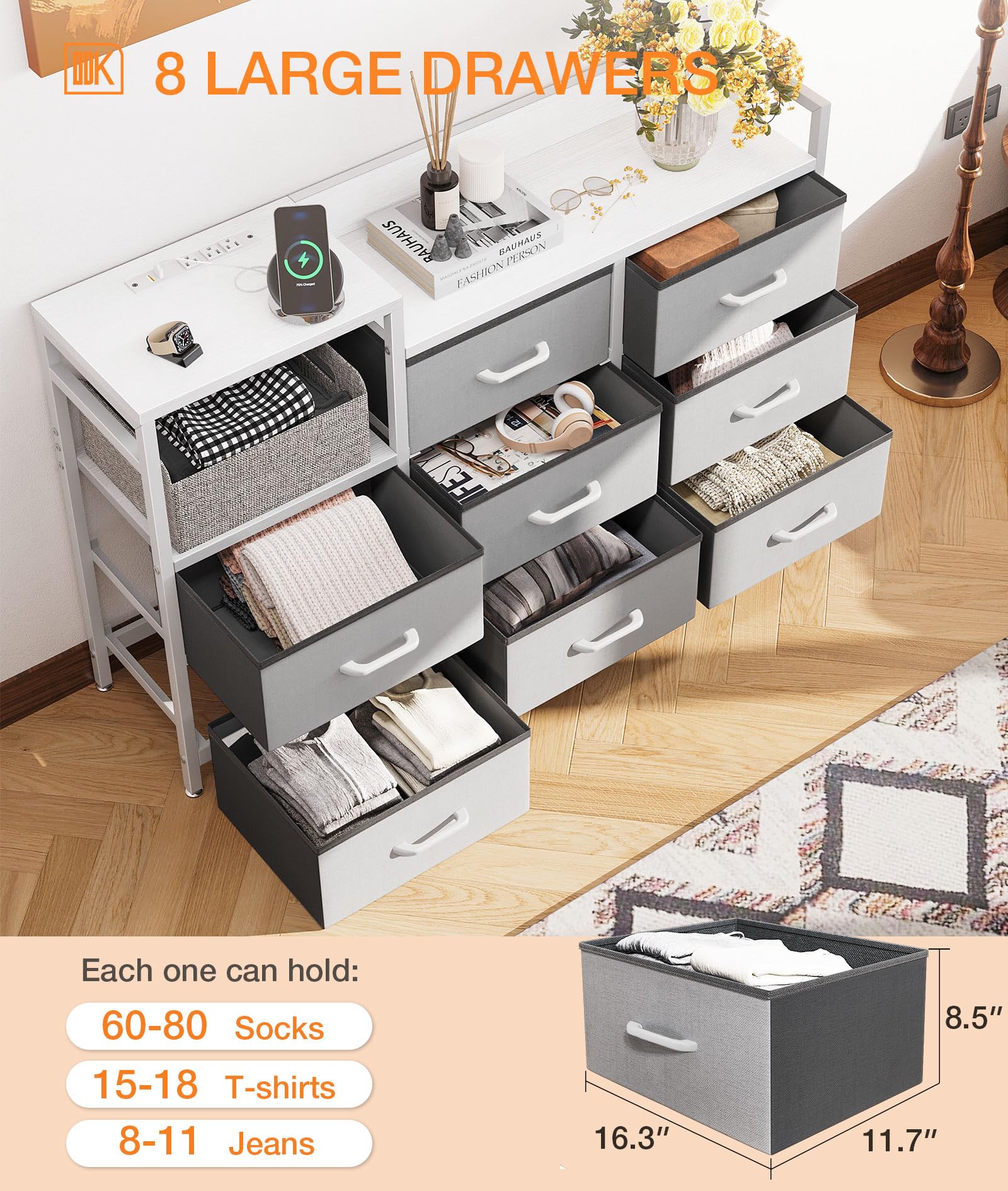 ODK Dresser with Charging Station, 52-Inch Long Dresser for Bedroom with 8 Storage Drawers, Fabric Dressers Chests of Drawers with Sturdy Steel Frame and Wooden Top, White and Light Grey