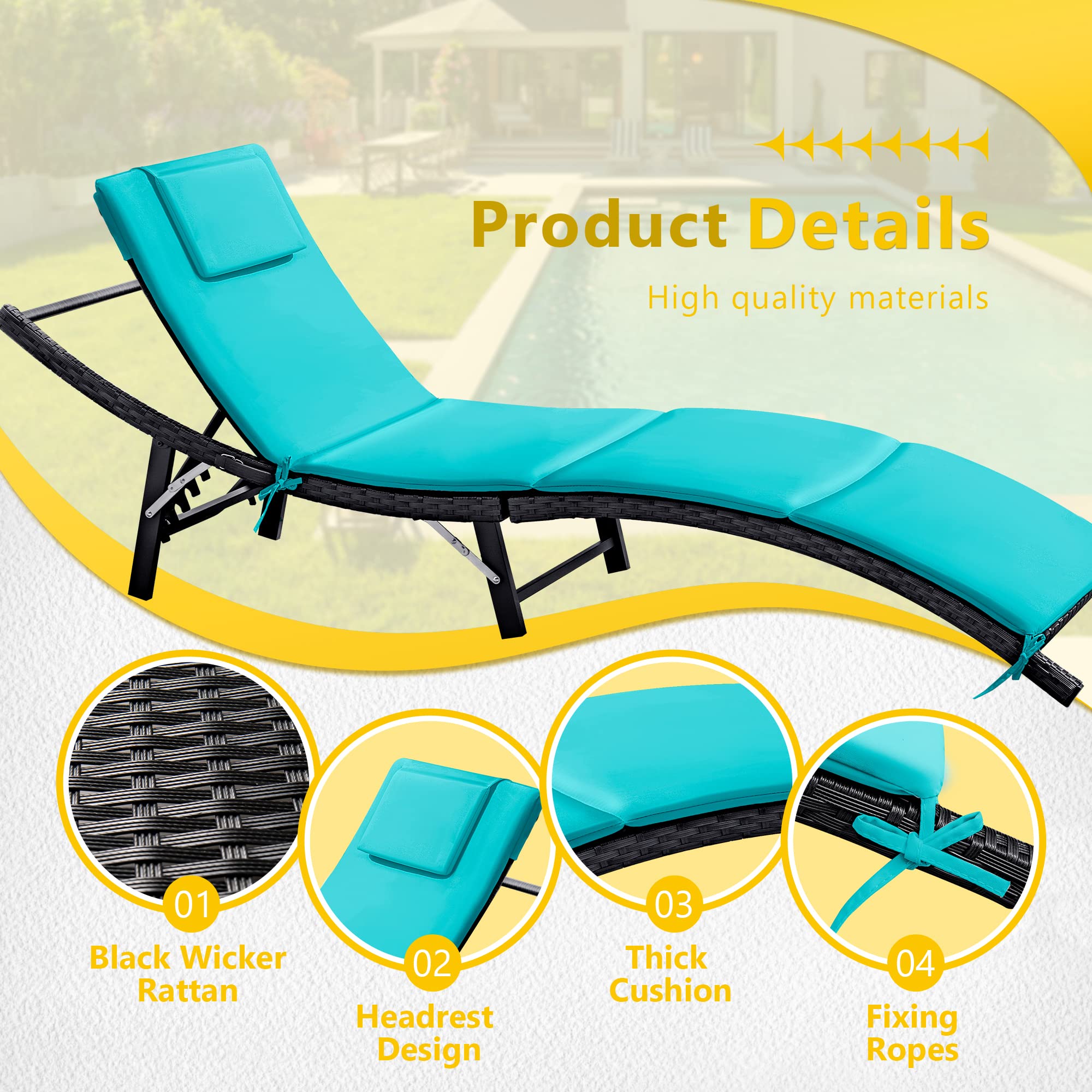 Rankok Outdoor Lounge Chairs Set 3 Pieces Adjustable Chaise Lounge with Folding Table and Cushion for Garden, Poolside, Beach (Blue)