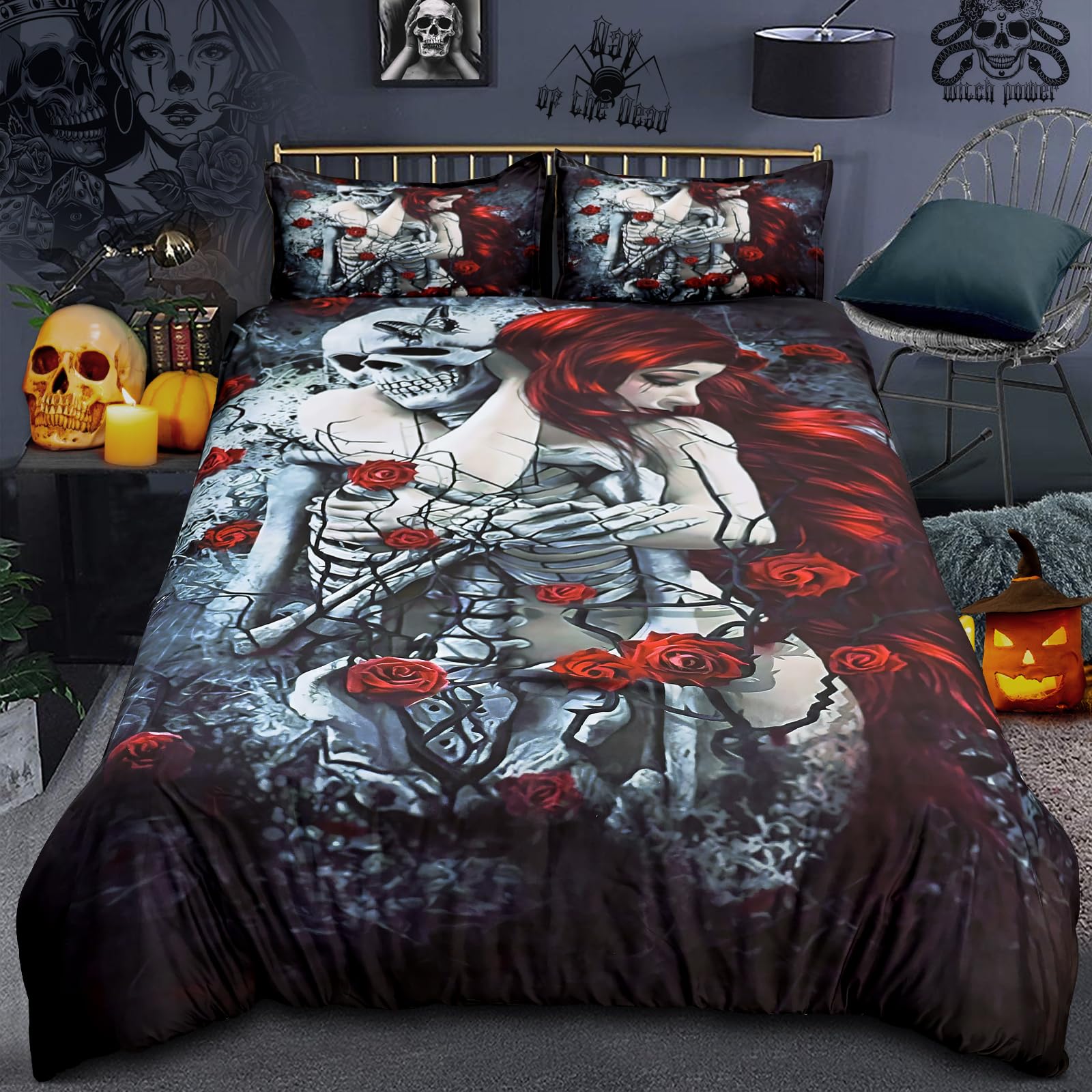 Duvet Cover Full Skull Bedding - 3 of Set Love Never Dies Duvet Cover with Zipper Closure, Super Soft, Fashion, ZHH