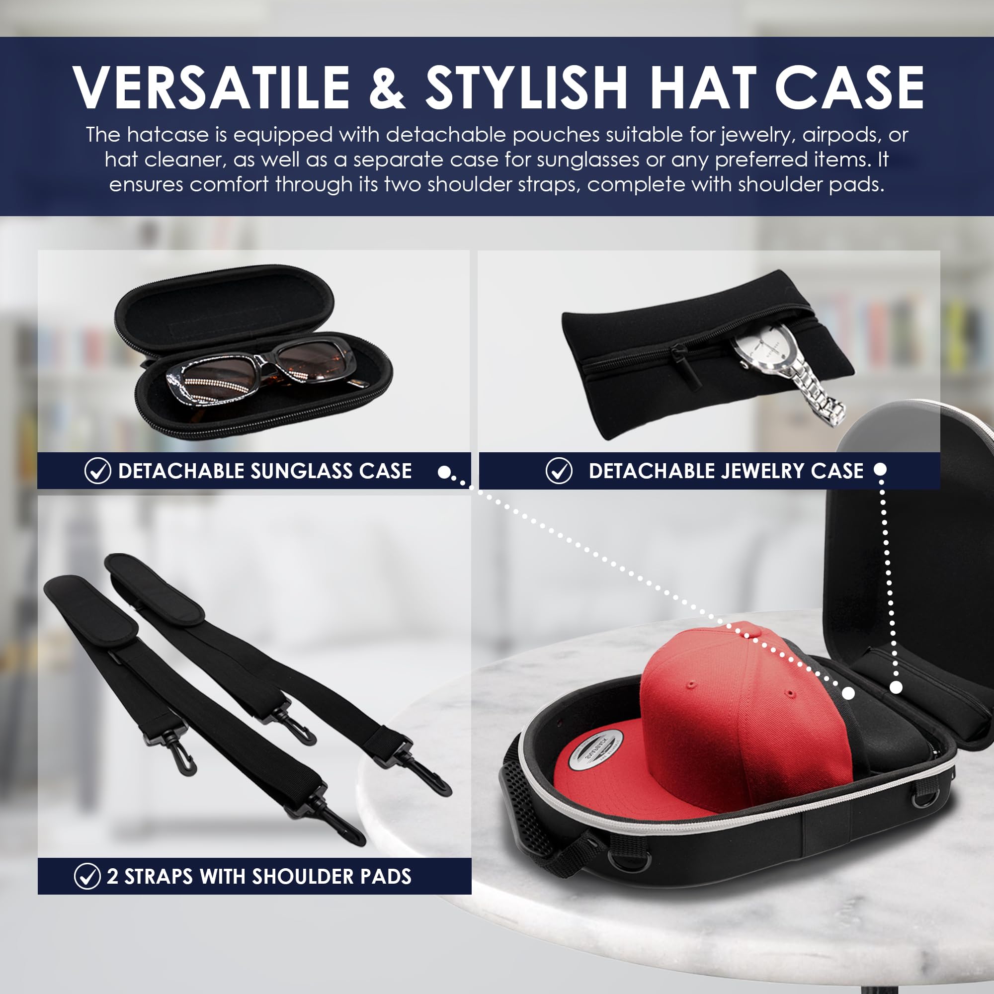 MyGo2 Hat Travel Hard Case | Storage bag for Hats, Hat Carrier Box for Baseball Caps | Hat Organizer Case with Adjustable Shoulder Straps, Detachable Jewelry Case and Detachable Sunglasses Case