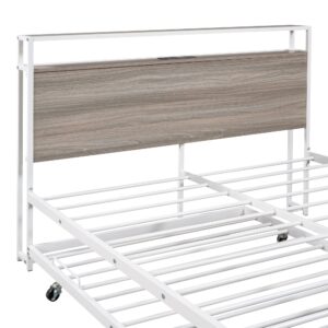 Harper & Bright Designs Full Platform Bed with Trundle and USB Ports, Metal Full Bed Frame with Storage Headboard and Steel Slat Support, for Bedroom and Guest Room (Full Size, White)