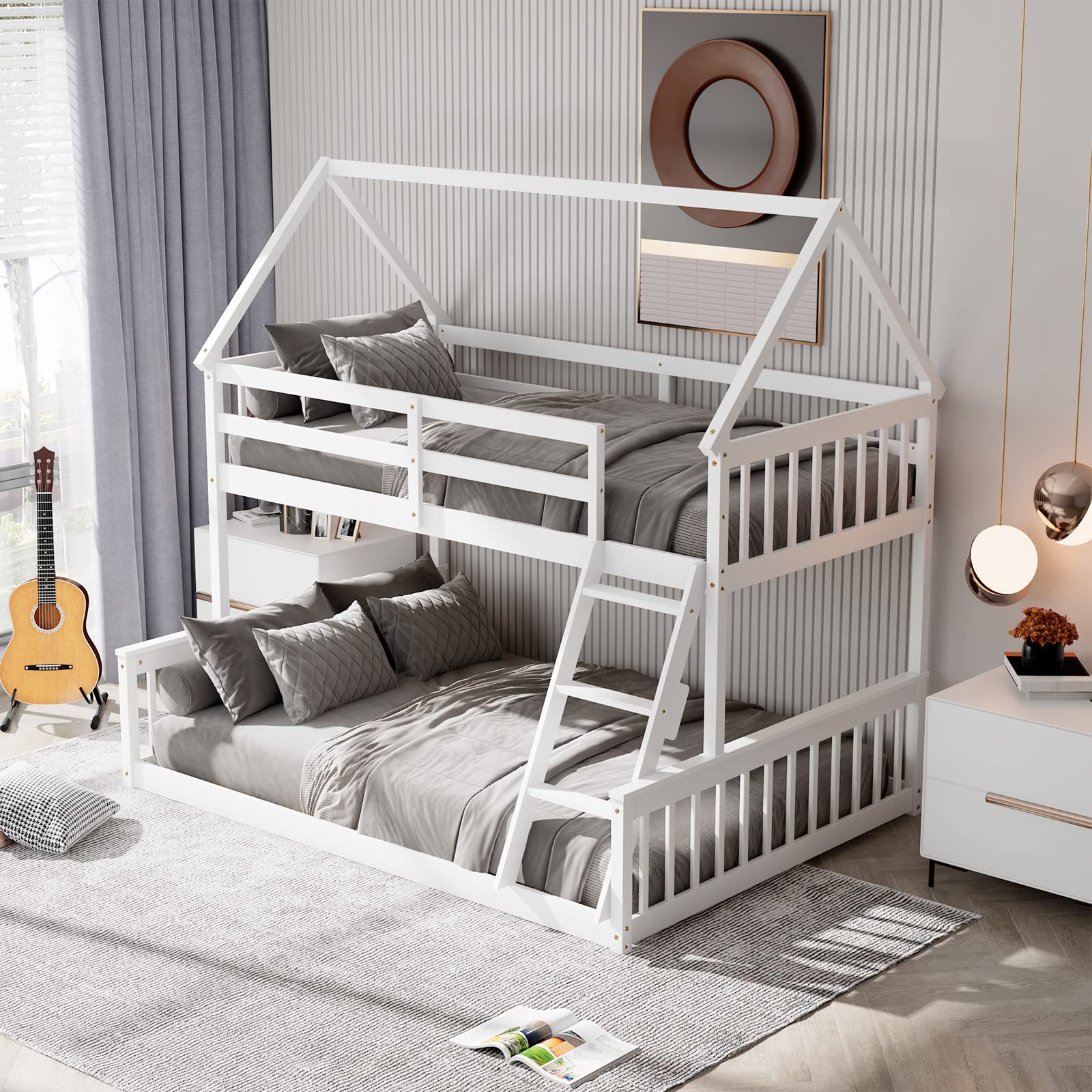 Giantex Wood Twin Over Full Bunk Bed, Solid Wood House Bed Frame Built in Ladder & Safety Guardrails, Convertible to 2 Beds, Floor Bunk Bed for Kids Teens Juniors, No Box Spring Needed, White