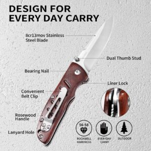 Vickay Pocket Knife for Men, Folding Knives 8Cr13MoV 2.95" Steel Blade, Wood Handle, Line Lock Knife with Clip, EDC Knife Ideal for Outdoor Camping, Fishing, Hunting, Tactical Gift (Brown)