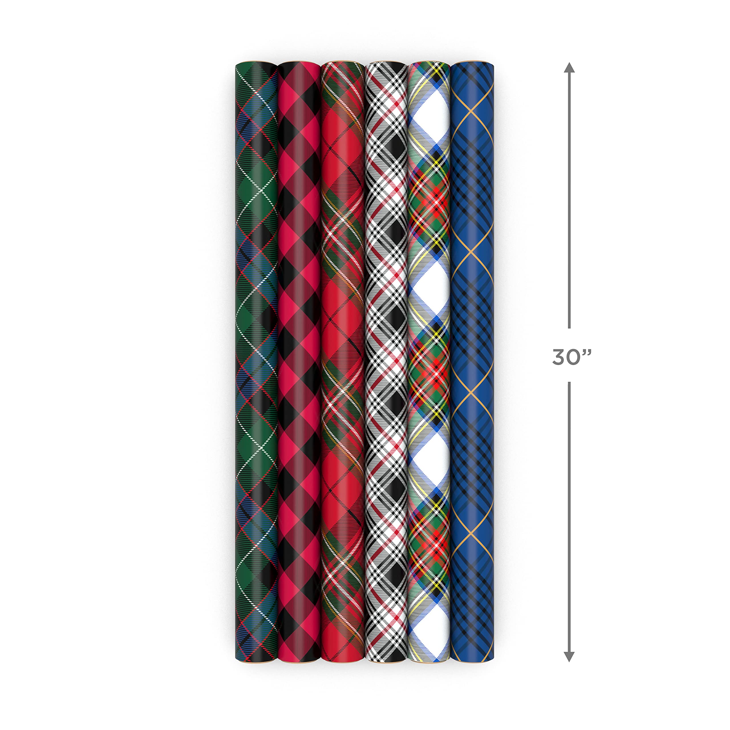 Hallmark Christmas Wrapping Paper Rolls - Black and Red Buffalo Plaid, Royal Stewart Tartan, Blue, Green (6 Rolls: 180 sq. ft. ttl.) for Holiday Parties, Hanukkah, Winter Weddings