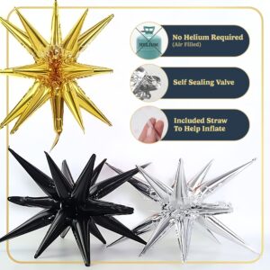 HOUSE OF PARTY Black Star Balloon 4 Pcs - Foil Star Balloons Metallic Shine | Star Mylar Spike Balloons for Graduation Decorations, Birthday & Bachelorette Party Supplies