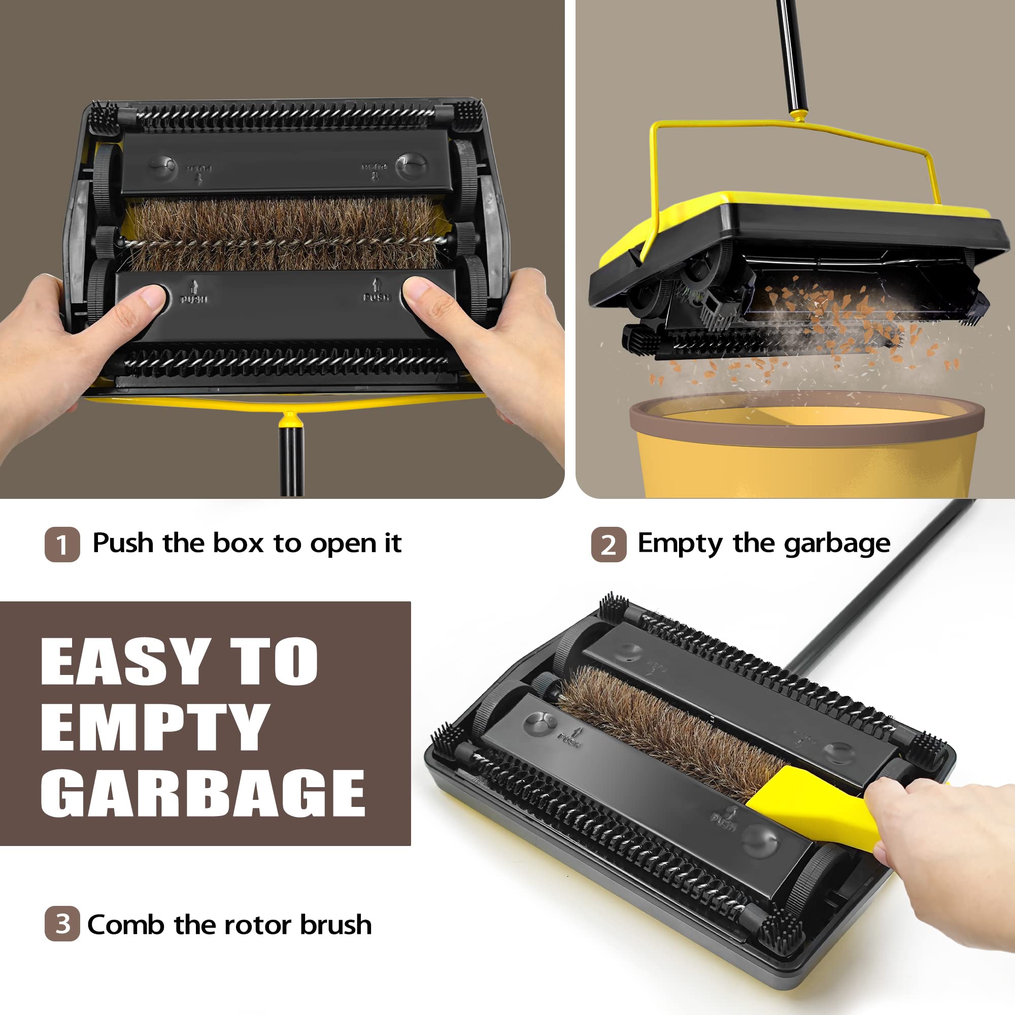 Dolanx Carpet Sweeper Manual Push with Horsehair Brush, Electrostatic Floor Roller Sweeper Broom Non Electric for Pet Hair, Rug (Yellow)