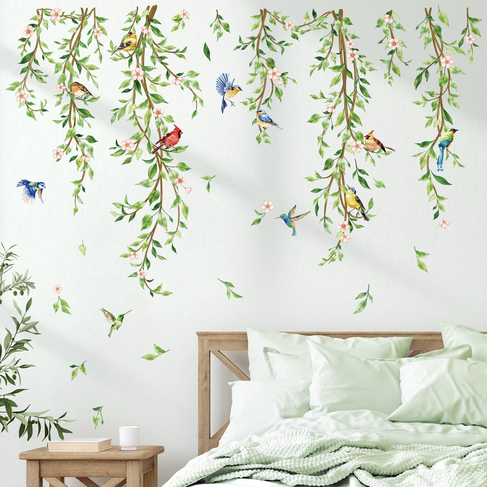 decalmile Hanging Vine Wall Decals Birds Green Leaf Wall Stickers Bedroom Living Room Office Kitchen Wall Decor