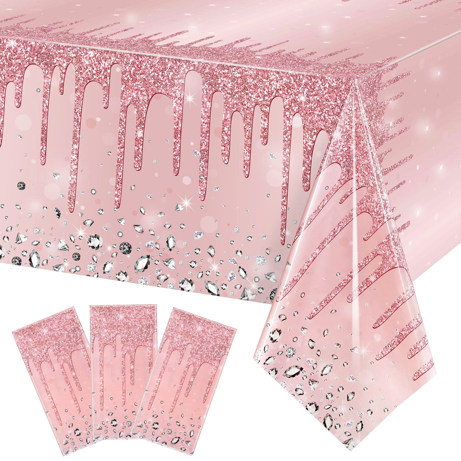 3 Pcs Pink and Rose Gold Tablecloths Glitter Diamond Table Cover PE Girl Party Glitter Table Cloths Sequin Printed Plastic Tablecloths for Girl Women Birthday Wedding Party, 54 x 108 (Classic)