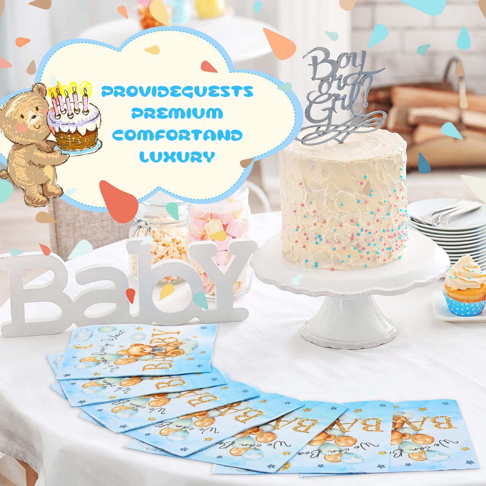 100 Pcs We Can Bearly Wait Baby Shower Napkins, Baby Shower Decorations for Boy, Bear Favors Napkins Cocktail Dessert Disposable Napkin Paper for Boy or Girl Gender Reveal Party Supplies (Blue Gold)