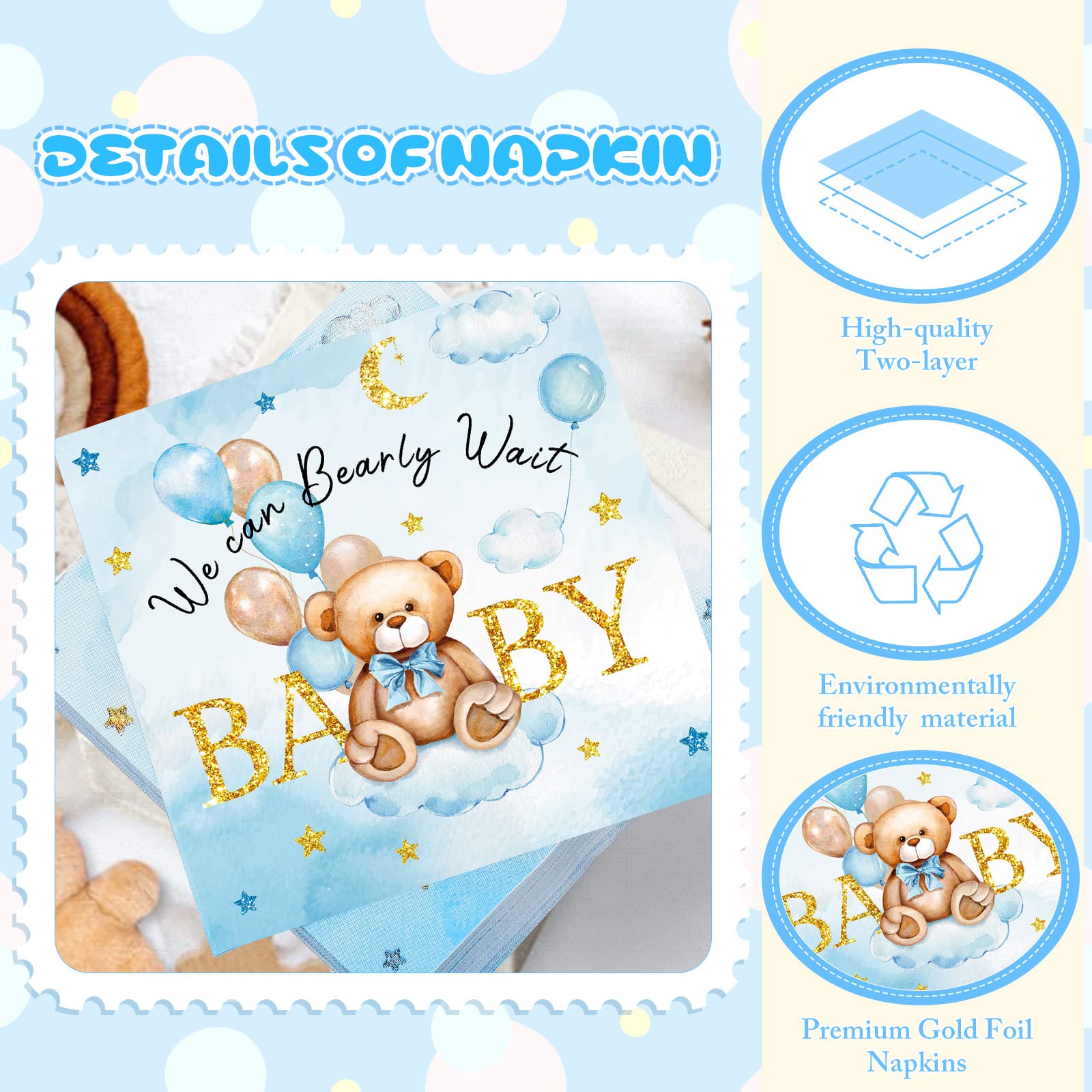 100 Pcs We Can Bearly Wait Baby Shower Napkins, Baby Shower Decorations for Boy, Bear Favors Napkins Cocktail Dessert Disposable Napkin Paper for Boy or Girl Gender Reveal Party Supplies (Blue Gold)