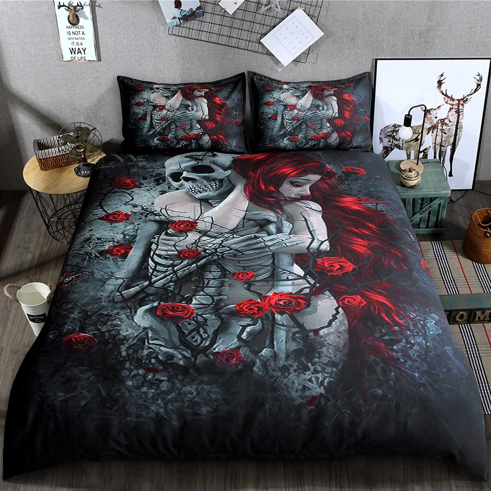 Duvet Cover Full Skull Bedding - 3 of Set Love Never Dies Duvet Cover with Zipper Closure, Super Soft, Fashion, ZHH