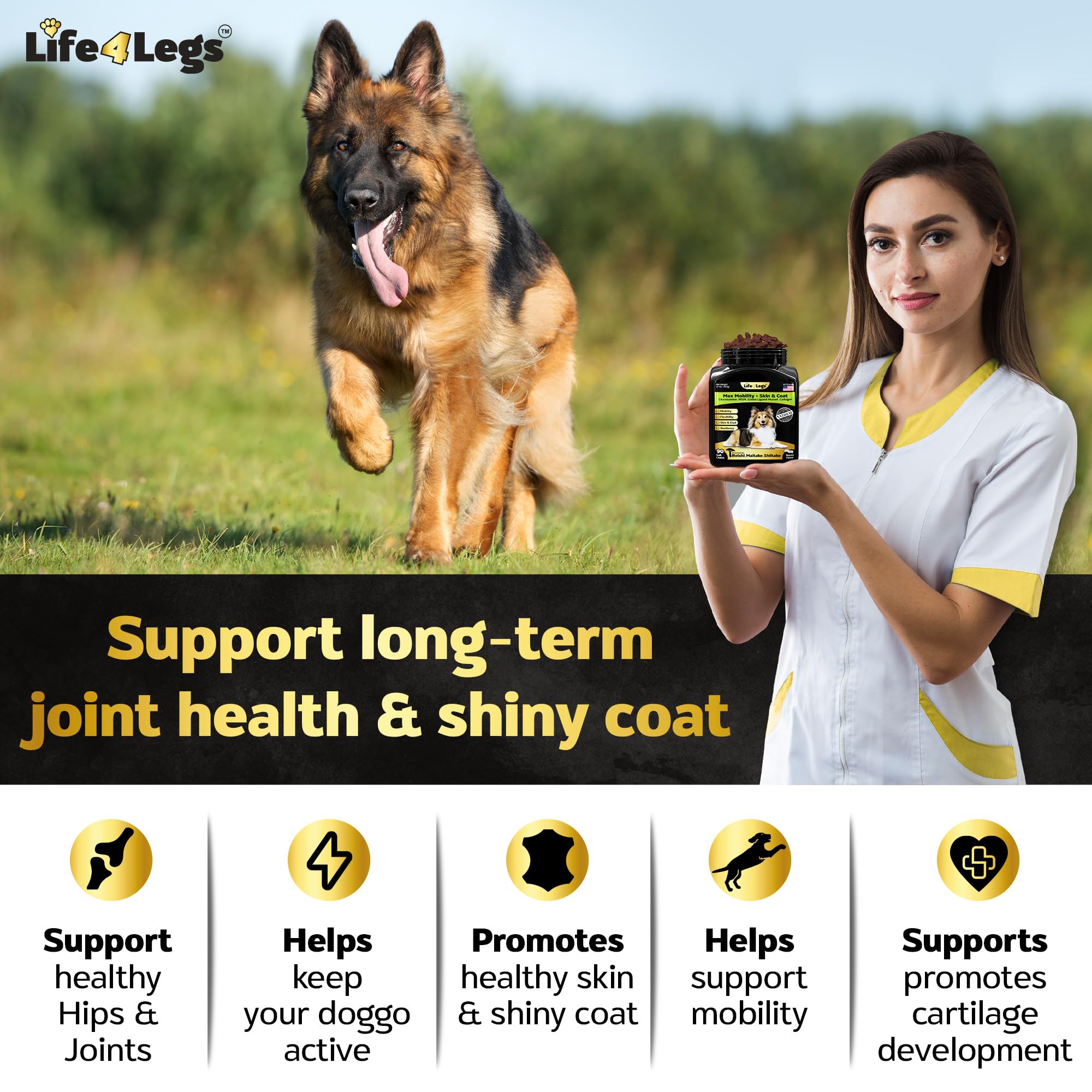 Life4Legs - Hip and Joint Chews for Dogs Plus Skin and Coat Supplement - Dog Joint Pain Relief Treats - Glucosamine, Chondroitin, MSM, Hemp Oil, Turmeric, Omega 3 for Dogs, Mobility Bites Dog Health