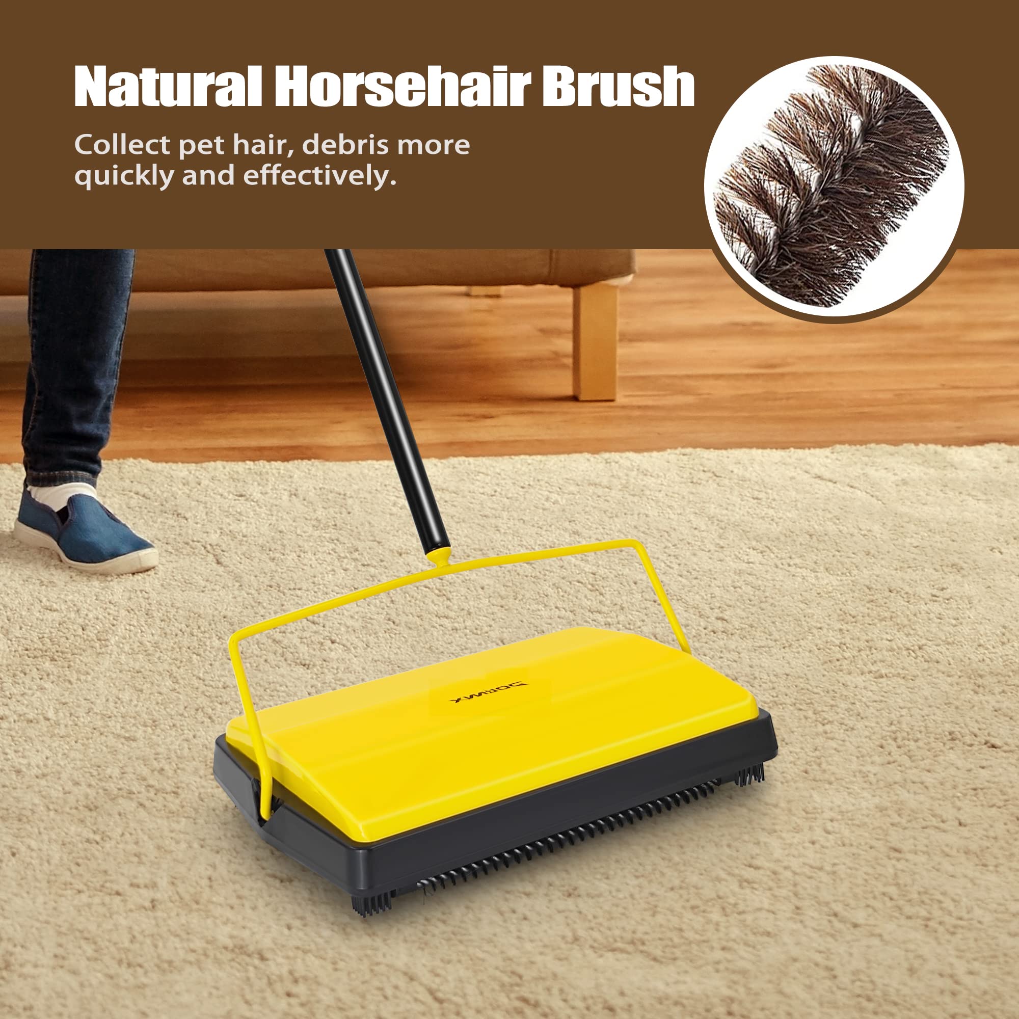 Dolanx Carpet Sweeper Manual Push with Horsehair Brush, Electrostatic Floor Roller Sweeper Broom Non Electric for Pet Hair, Rug (Yellow)