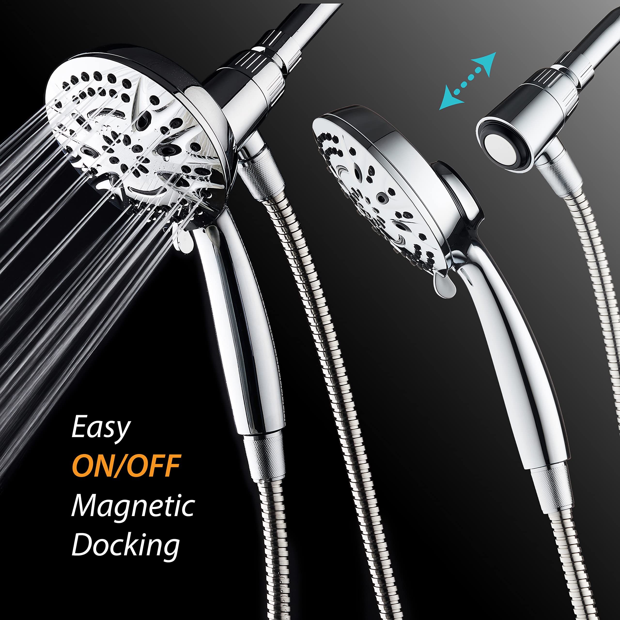 AquaDance New Magnetic Guidance Docking System - High-Pressure 8-setting Handheld Shower Head with Giant 5 inch Face, Magnetic Bracket, Extra-long 72 inch Stainless Steel Hose/All Chrome Finish