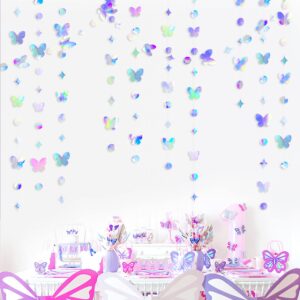 pinkblume Iridescent Butterfly Garland Holographic Paper Hanging Circle Dot Star Butterflies Streamer Banner for Spring Birthday Engagement Bridal Shower Wedding Bachelorette Party Decoration Supplies