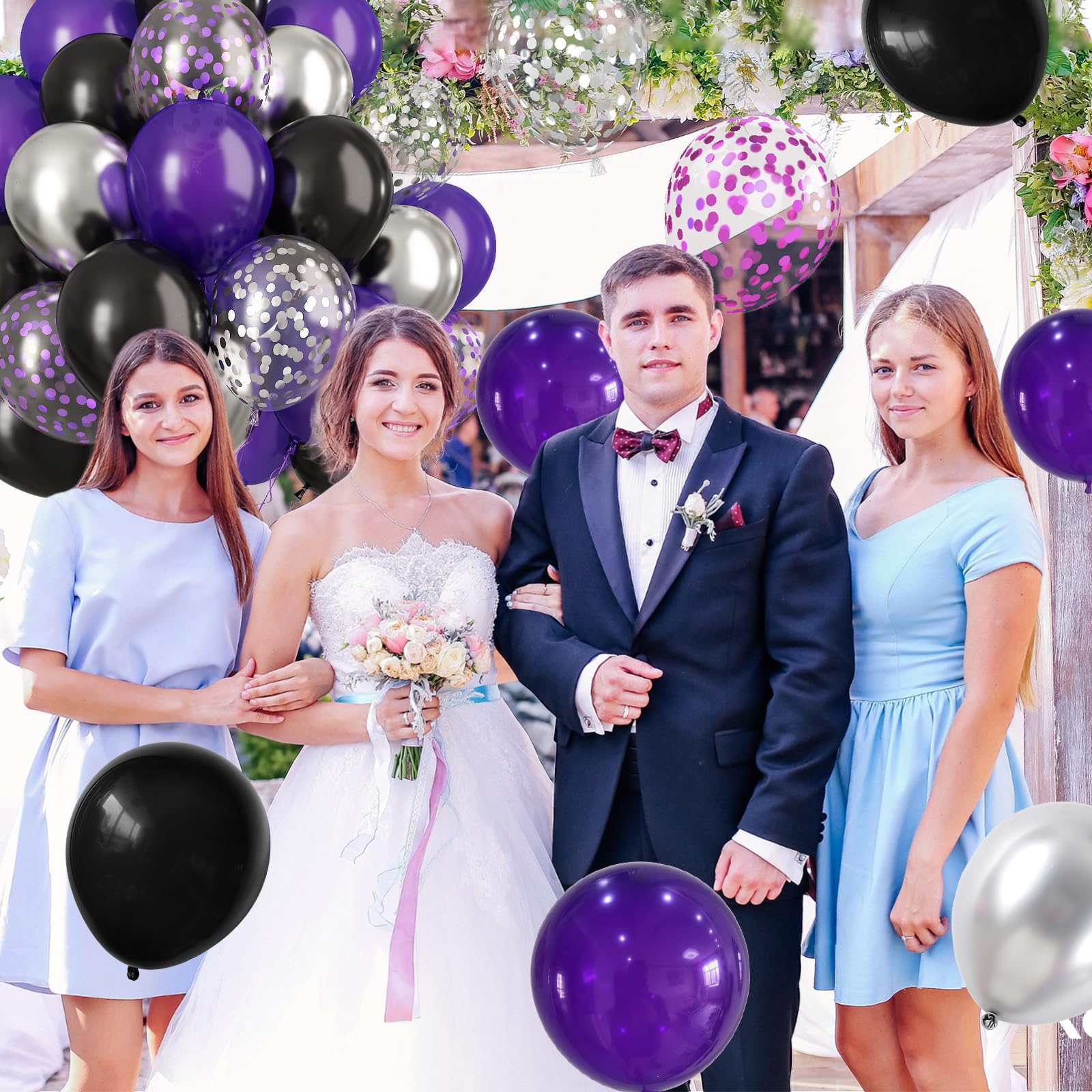 Purple Black Balloons Set, 60 PCS Black Purple Silver Birthday Balloons, Metallic Silver Purple Confetti Balloons Black and Purple Latex Balloons for Birthday Wedding Graduations Party Decorations