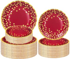 50 pcs burgundy and gold party supplies,gold dot party tableware set 9"&7"burgundy paper plates gold dot plates,burgundy and gold party decorations for birthday wedding anniversary graduation decor