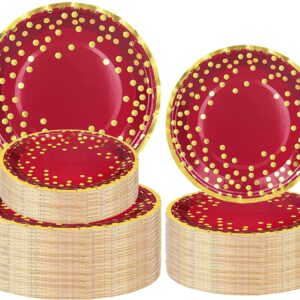 50 Pcs Burgundy and Gold Party Supplies,Gold Dot Party Tableware Set 9"&7"Burgundy Paper Plates Gold Dot Plates,Burgundy and Gold Party Decorations for Birthday Wedding Anniversary Graduation Decor