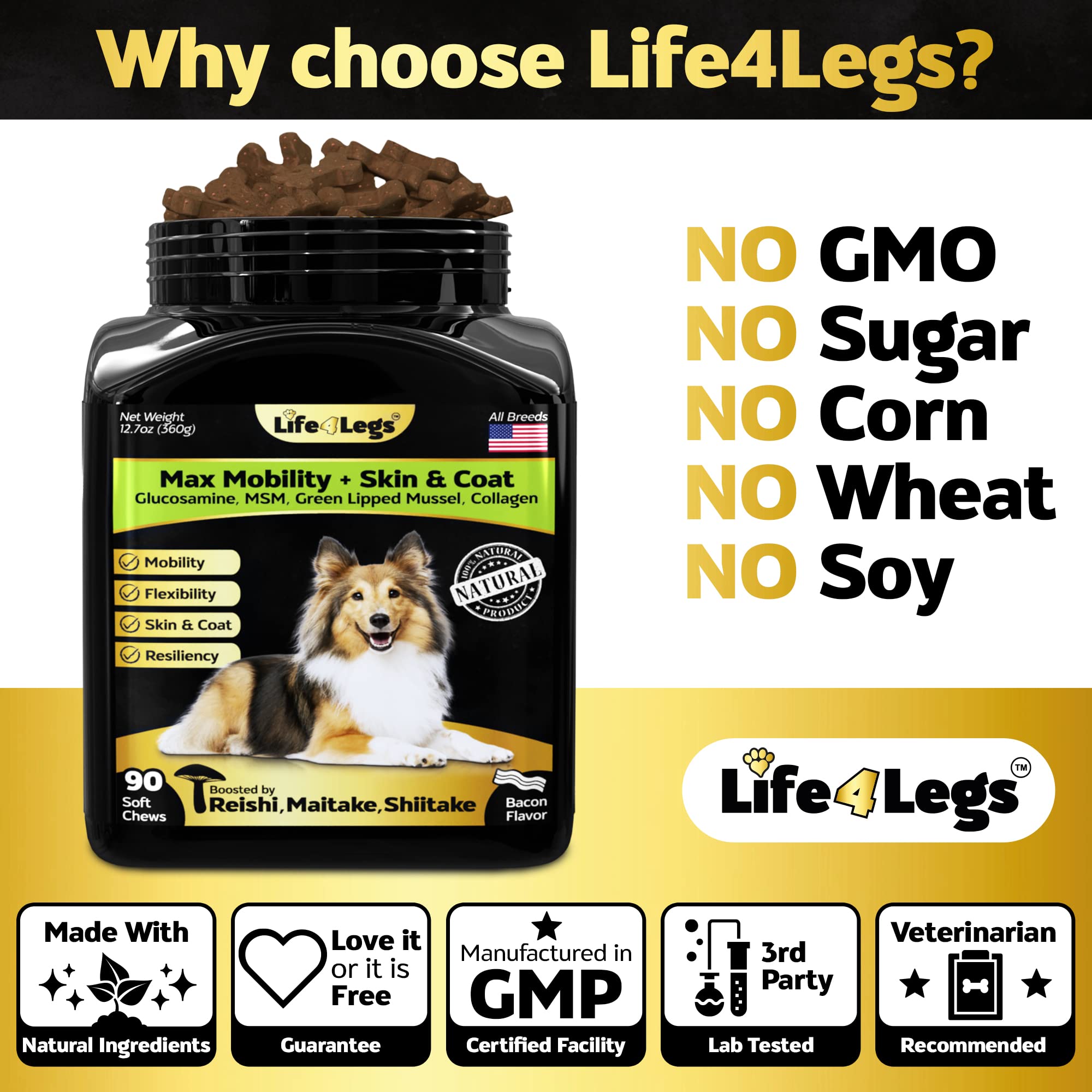 Life4Legs - Hip and Joint Chews for Dogs Plus Skin and Coat Supplement - Dog Joint Pain Relief Treats - Glucosamine, Chondroitin, MSM, Hemp Oil, Turmeric, Omega 3 for Dogs, Mobility Bites Dog Health