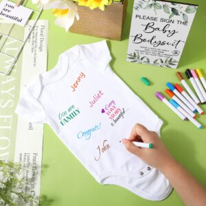 Qunclay 12 Pcs Baby Bodysuit Baby Shower Game Include 1 Game Wooden Bodysuit Sign Tabletop Decor 1 White Blank Newborn Bodysuit 10 Fabric Marker for Baby Shower Gender Reveal Party(Greenery)