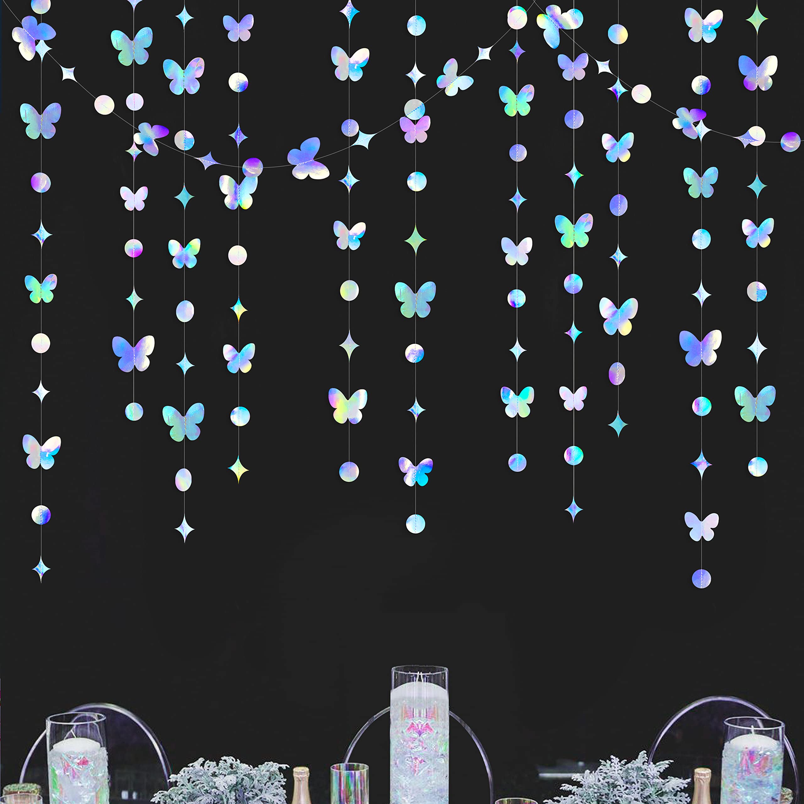 pinkblume Iridescent Butterfly Garland Holographic Paper Hanging Circle Dot Star Butterflies Streamer Banner for Spring Birthday Engagement Bridal Shower Wedding Bachelorette Party Decoration Supplies