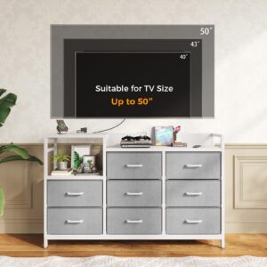 ODK Dresser with Charging Station, 52-Inch Long Dresser for Bedroom with 8 Storage Drawers, Fabric Dressers Chests of Drawers with Sturdy Steel Frame and Wooden Top, White and Light Grey