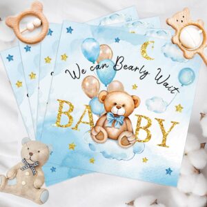 100 pcs we can bearly wait baby shower napkins, baby shower decorations for boy, bear favors napkins cocktail dessert disposable napkin paper for boy or girl gender reveal party supplies (blue gold)