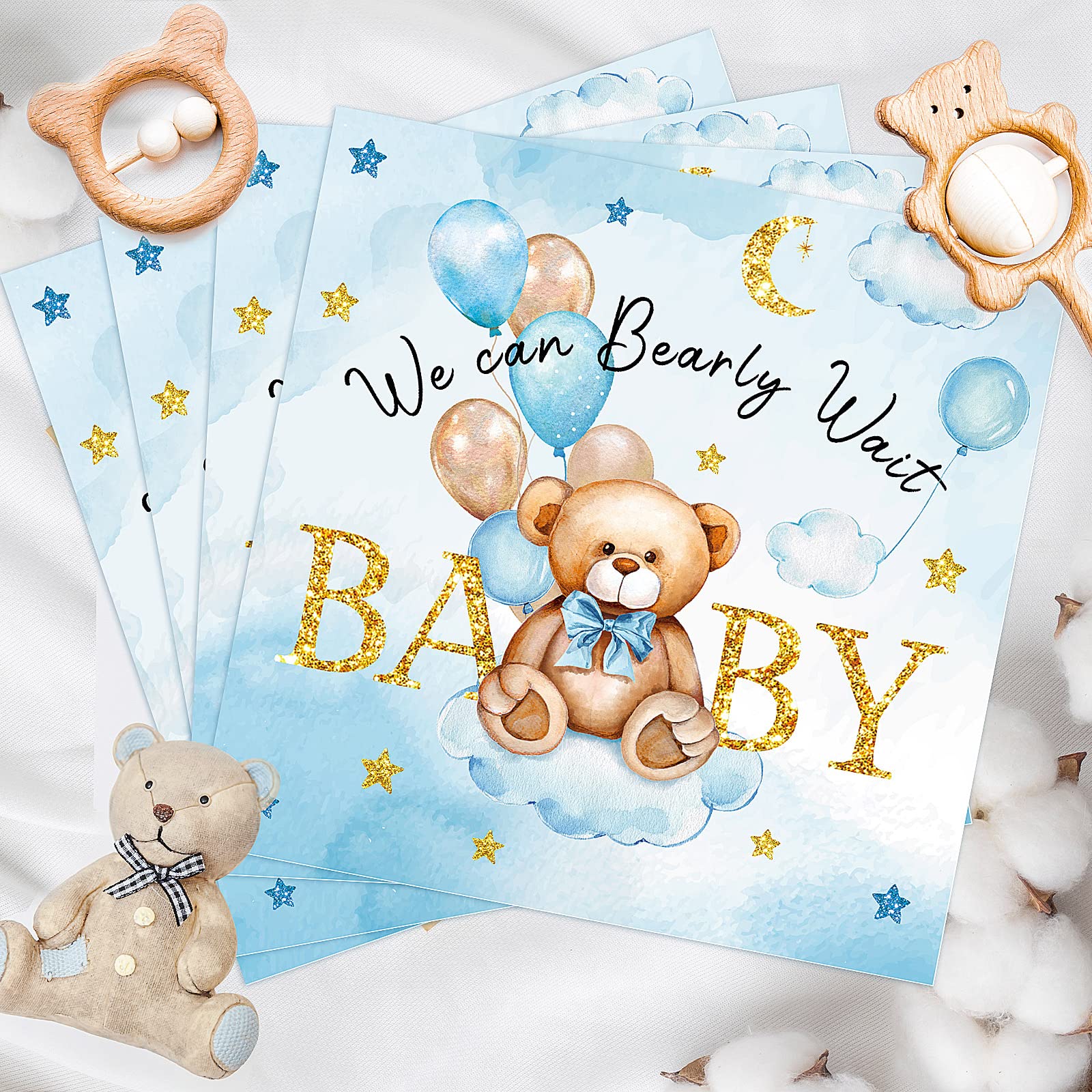 100 Pcs We Can Bearly Wait Baby Shower Napkins, Baby Shower Decorations for Boy, Bear Favors Napkins Cocktail Dessert Disposable Napkin Paper for Boy or Girl Gender Reveal Party Supplies (Blue Gold)