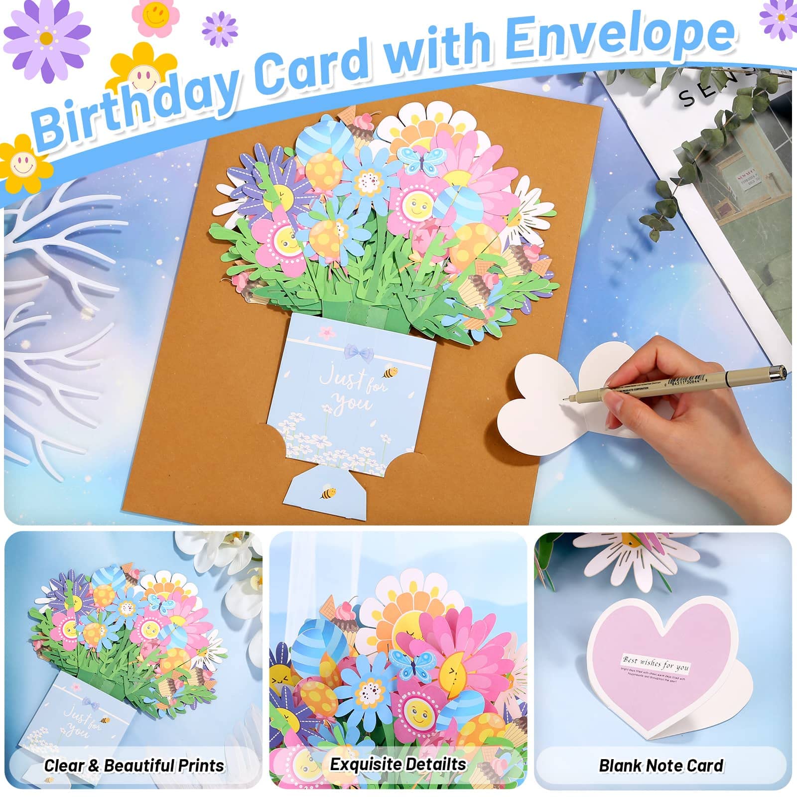 shynek Mother's Day Bouquet Pop Up Cards from Daughter and Son, 3D Flower Card Kids First Mothers Day Greeting Card Mom Birthday Card Women All Occasion Card Envelope and Blank Note Tag