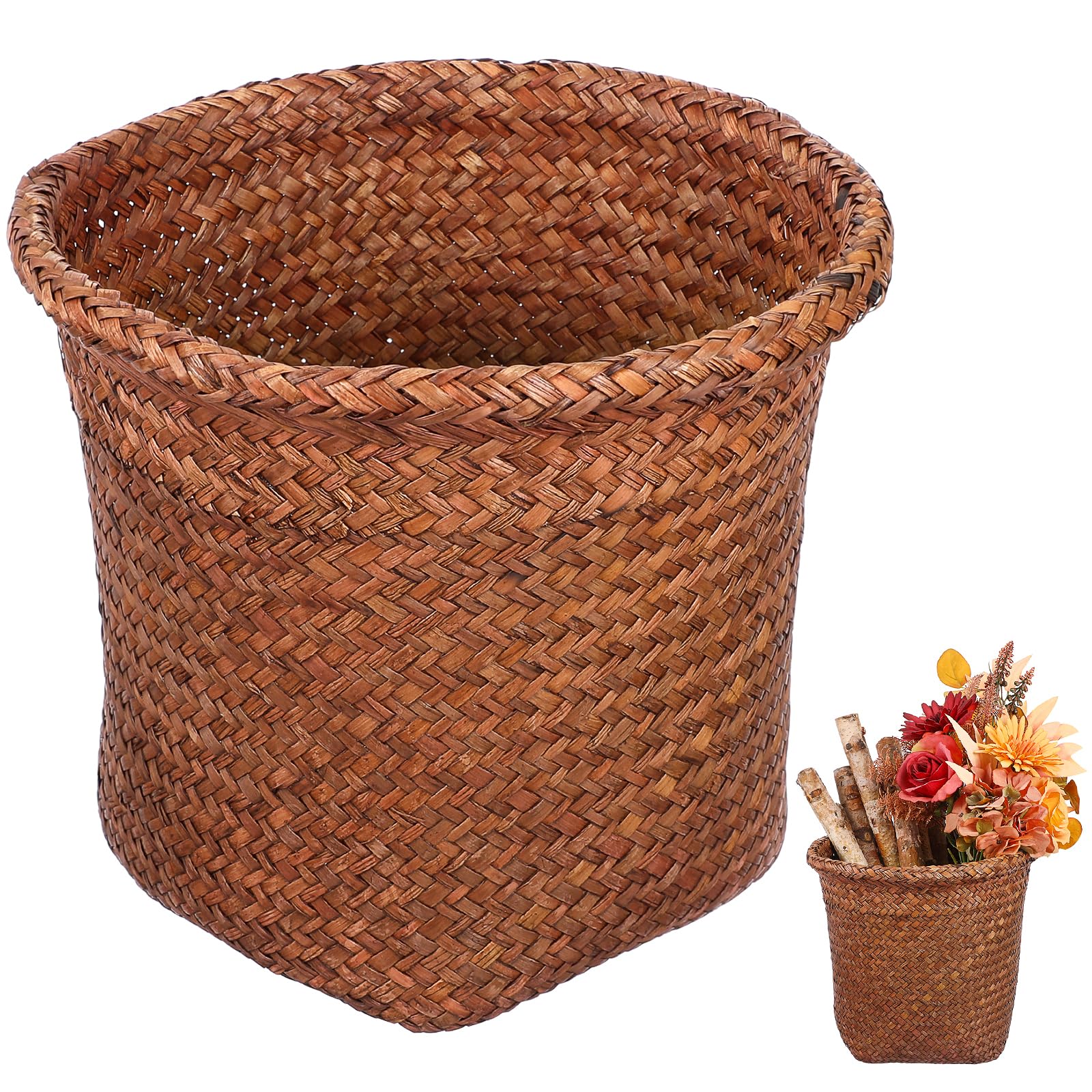 Gadpiparty Straw Woven Wastebasket Wicker Trash Can Round Rattan Waste Basket Sundries Storage Basket Garbage Container Bin for Bedroom Bathroom Offices Home, Size S