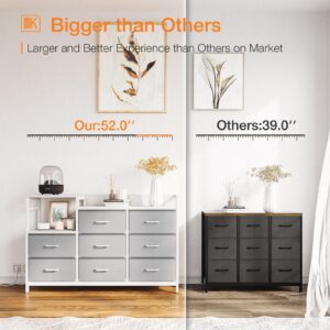 ODK Dresser with Charging Station, 52-Inch Long Dresser for Bedroom with 8 Storage Drawers, Fabric Dressers Chests of Drawers with Sturdy Steel Frame and Wooden Top, White and Light Grey