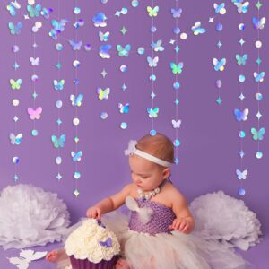 pinkblume Iridescent Butterfly Garland Holographic Paper Hanging Circle Dot Star Butterflies Streamer Banner for Spring Birthday Engagement Bridal Shower Wedding Bachelorette Party Decoration Supplies