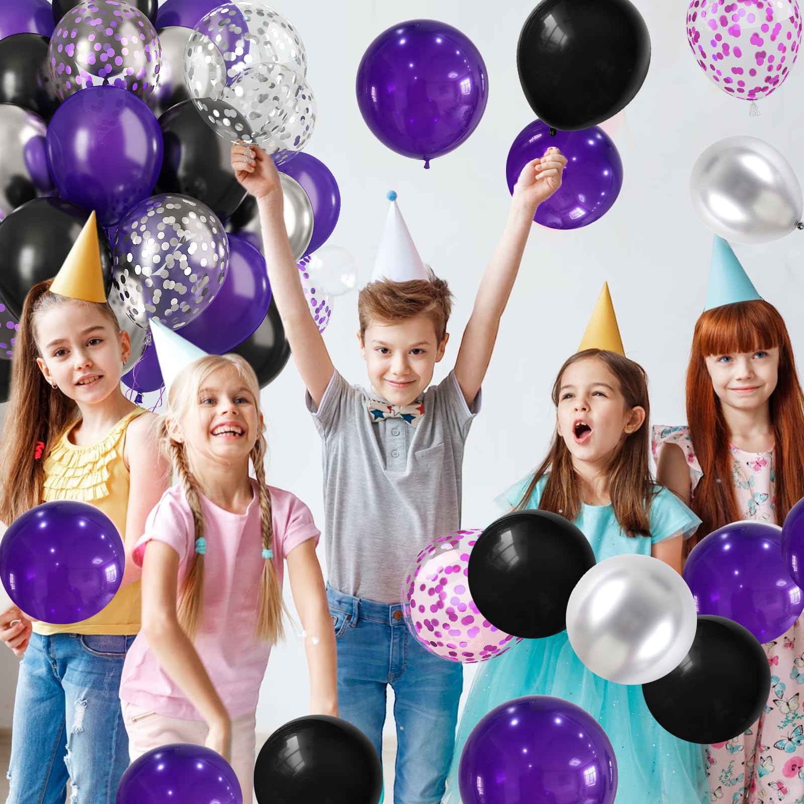 Purple Black Balloons Set, 60 PCS Black Purple Silver Birthday Balloons, Metallic Silver Purple Confetti Balloons Black and Purple Latex Balloons for Birthday Wedding Graduations Party Decorations