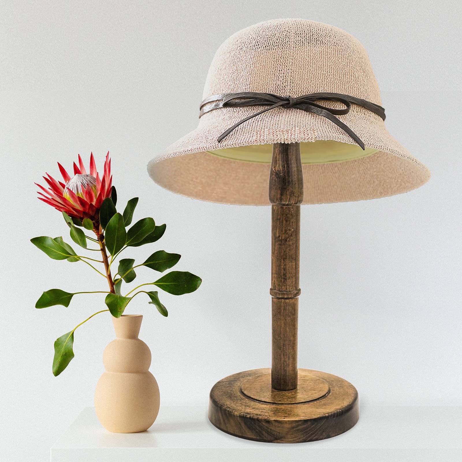 HAIBEIR Freestanding Hat Stand, Tabletop Hat Rack, Wood Display Stand Holder for Caps and Wigs (Antique Brown)(One Piece)