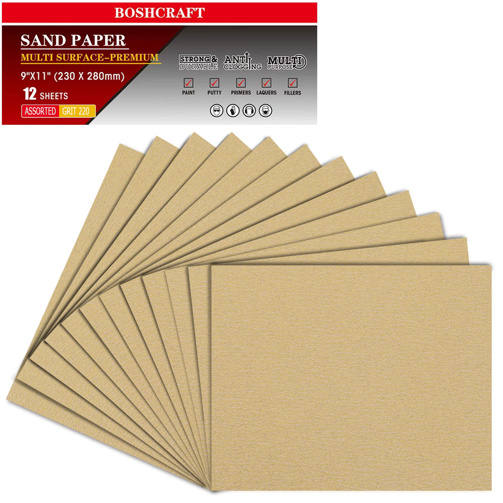 220 Grit Sandpaper, Sandpaper Assortment Sandpaper for Wood Metal Furniture Hand Sander Sand Paper Set Sandpaper Sheets Cut for Use 9" x 11"/12 Sheets