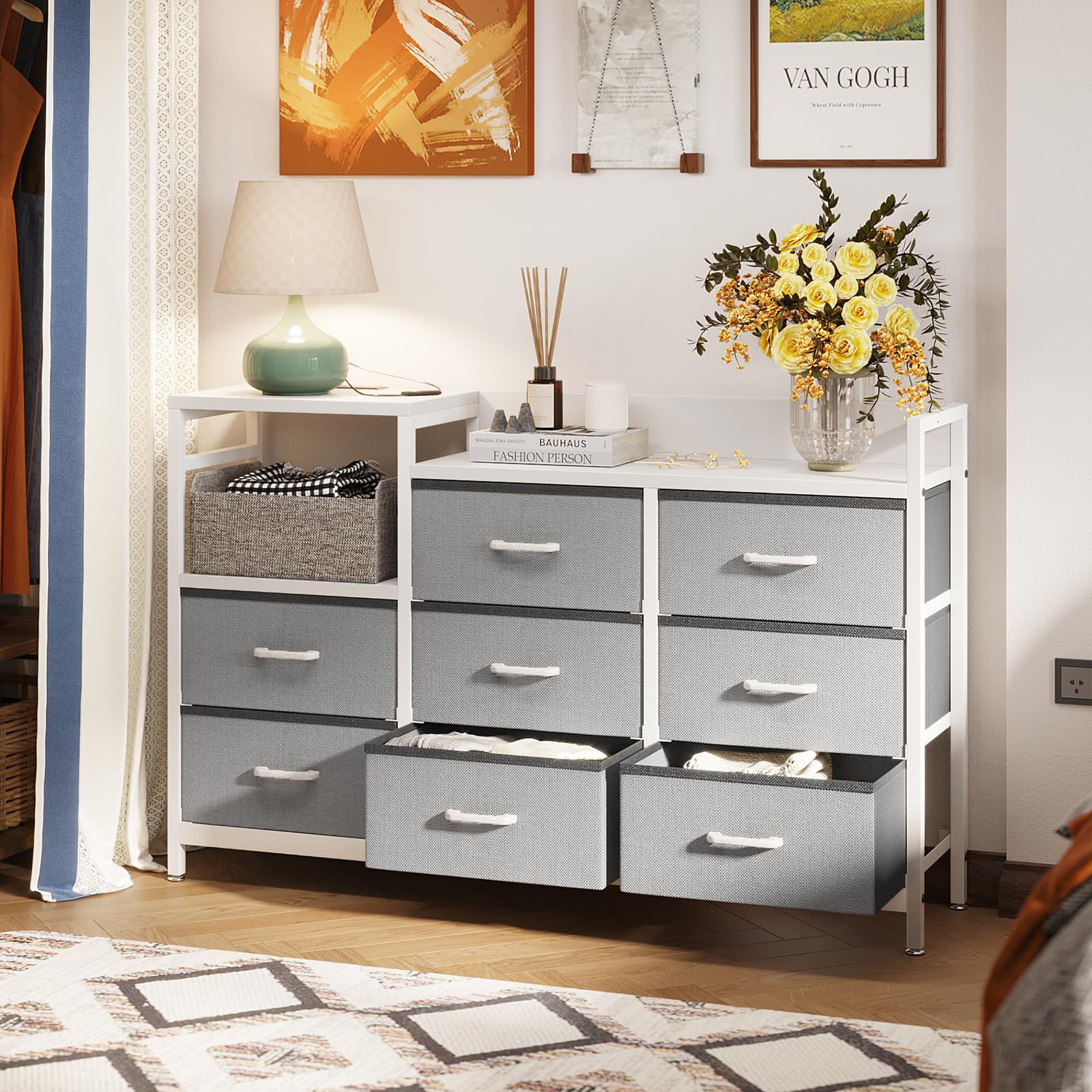 ODK Dresser with Charging Station, 52-Inch Long Dresser for Bedroom with 8 Storage Drawers, Fabric Dressers Chests of Drawers with Sturdy Steel Frame and Wooden Top, White and Light Grey