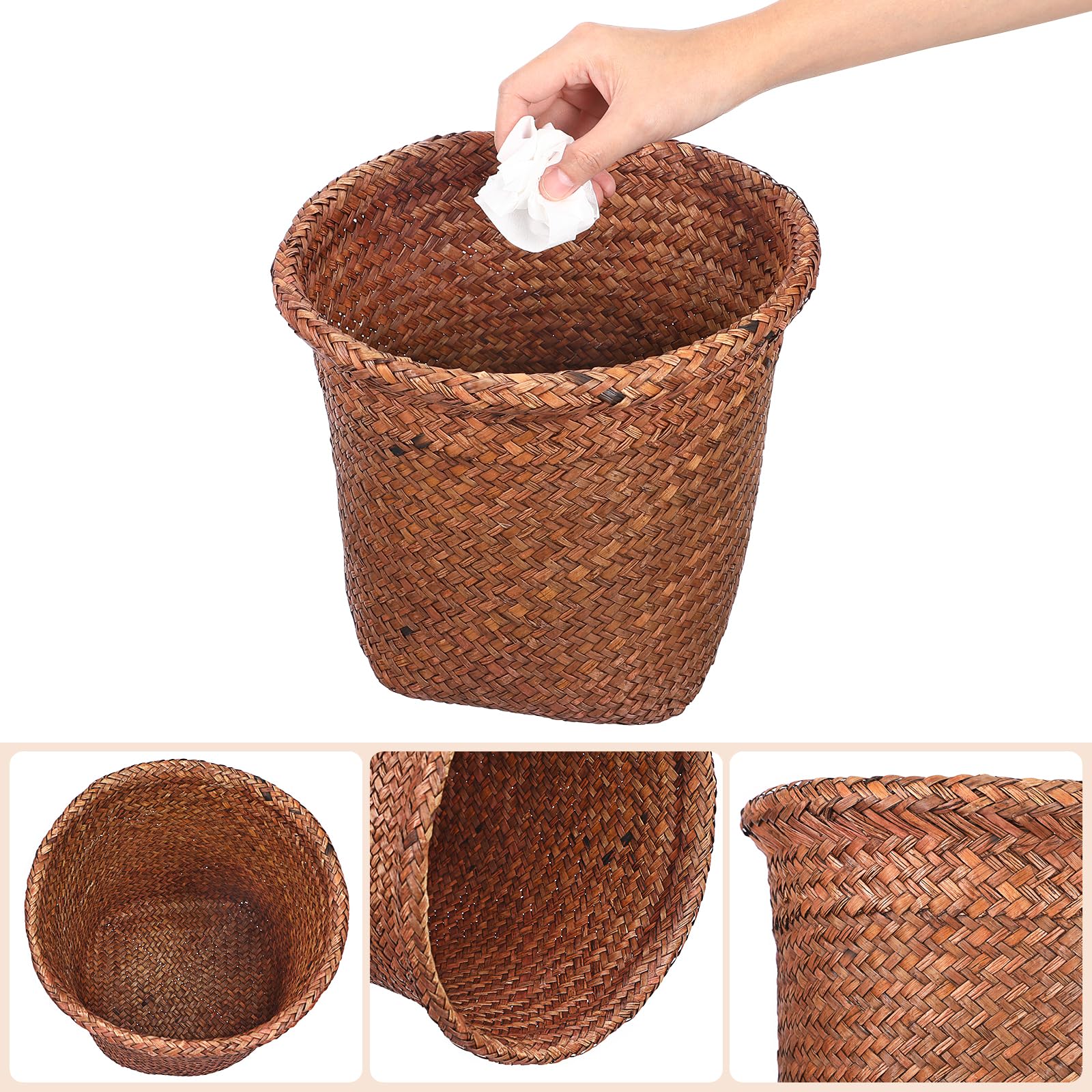 Gadpiparty Straw Woven Wastebasket Wicker Trash Can Round Rattan Waste Basket Sundries Storage Basket Garbage Container Bin for Bedroom Bathroom Offices Home, Size S