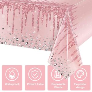 3 Pcs Pink and Rose Gold Tablecloths Glitter Diamond Table Cover PE Girl Party Glitter Table Cloths Sequin Printed Plastic Tablecloths for Girl Women Birthday Wedding Party, 54 x 108 (Classic)