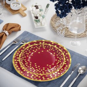 50 Pcs Burgundy and Gold Party Supplies,Gold Dot Party Tableware Set 9"&7"Burgundy Paper Plates Gold Dot Plates,Burgundy and Gold Party Decorations for Birthday Wedding Anniversary Graduation Decor