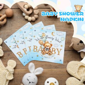 100 Pcs We Can Bearly Wait Baby Shower Napkins, Baby Shower Decorations for Boy, Bear Favors Napkins Cocktail Dessert Disposable Napkin Paper for Boy or Girl Gender Reveal Party Supplies (Blue Gold)